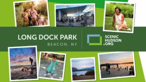 A panoramic view of Scenic Hudson's Long Dock Park, showcasing the lush green lawns, walking paths, and the Hudson River in the background, with families enjoying outdoor activities.