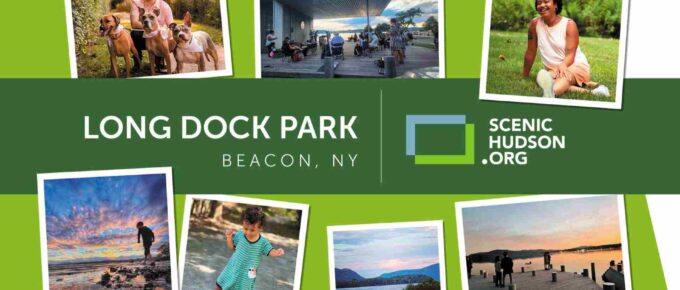 A panoramic view of Scenic Hudson's Long Dock Park, showcasing the lush green lawns, walking paths, and the Hudson River in the background, with families enjoying outdoor activities.