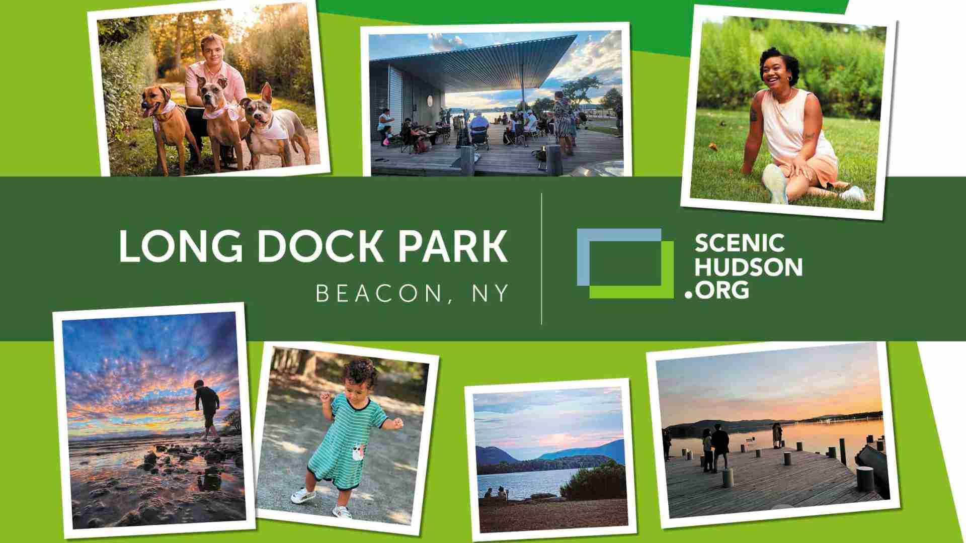 A panoramic view of Scenic Hudson's Long Dock Park, showcasing the lush green lawns, walking paths, and the Hudson River in the background, with families enjoying outdoor activities.