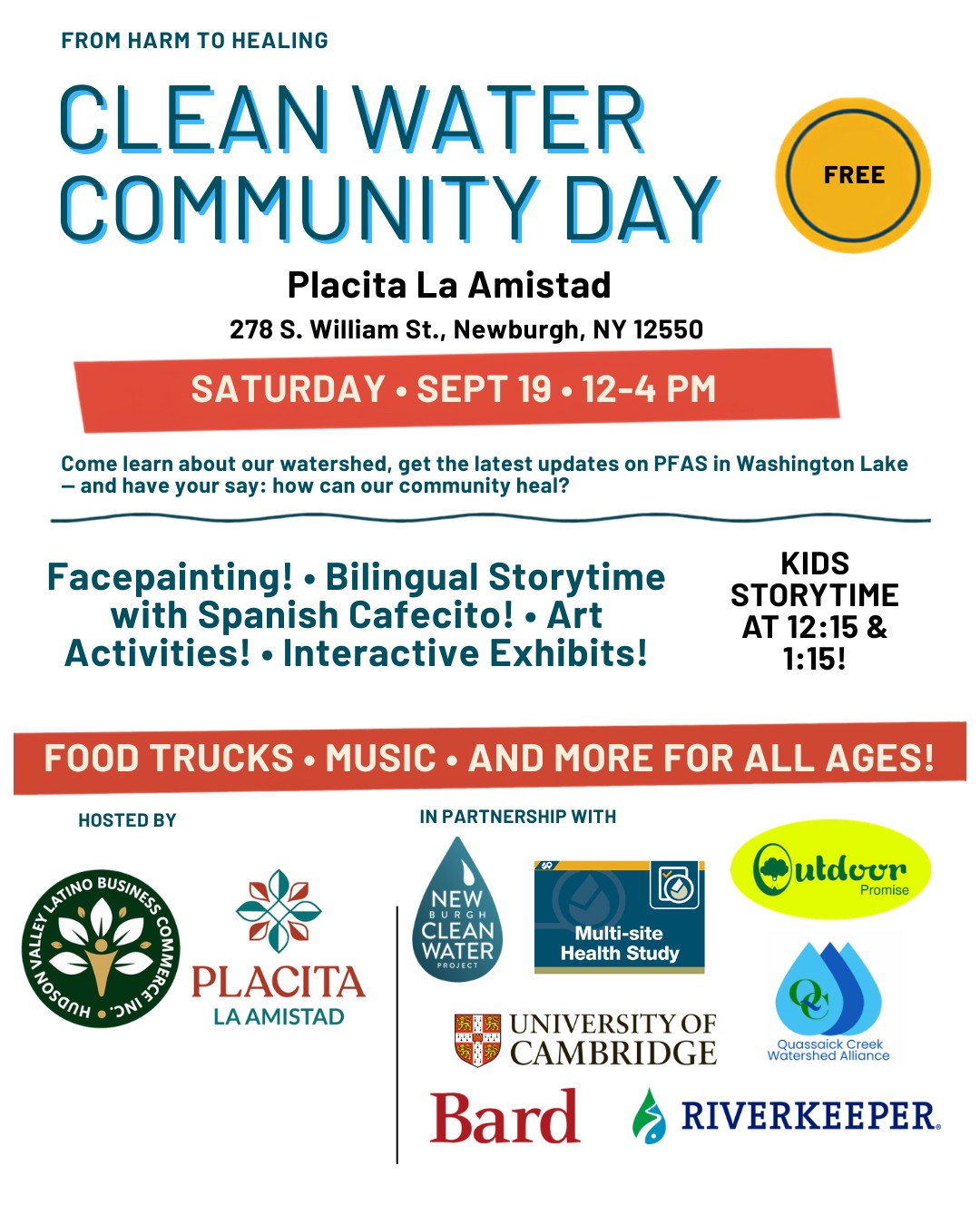 Clean Water Community Day flyer — Saturday, Sept 19, 12–4 PM at Placita La Amistad, Newburgh