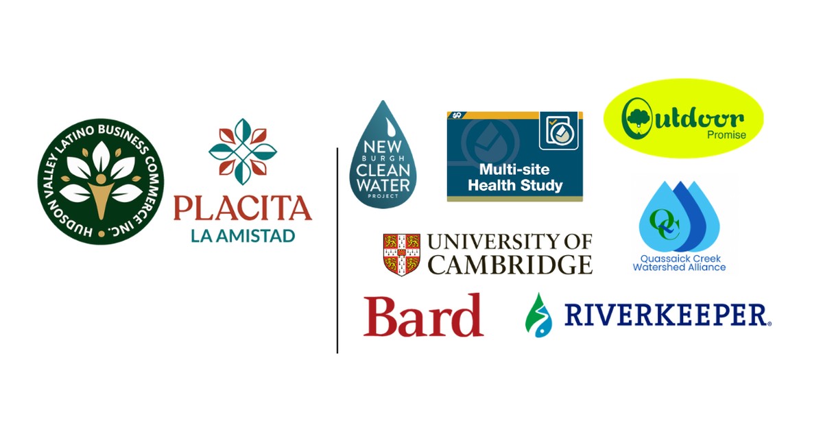 Partner logos for Clean Water Community Day: Hudson Valley Latino Business Commerce, Placita La Amistad, Newburgh Clean Water Project, Multi-site Health Study, University of Cambridge, Bard, Riverkeeper, Outdoor Promise, Quassaick Creek Watershed Alliance