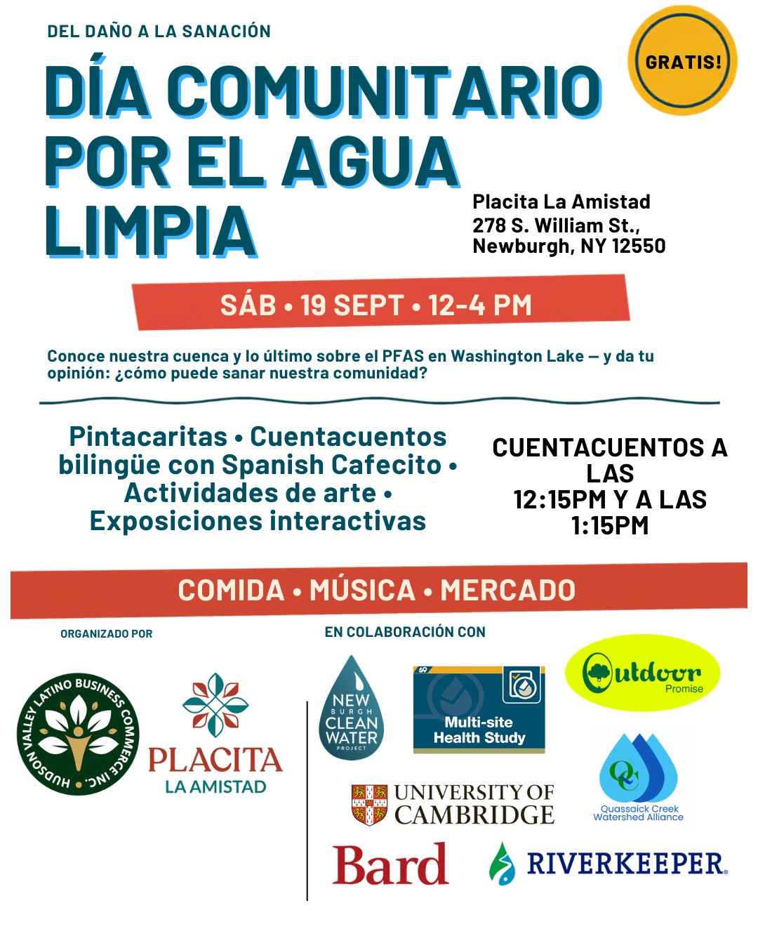 Volante del Día Comunitario por el Agua Limpia — sábado 19 de septiembre, 12–4 PM, Placita La Amistad, Newburgh