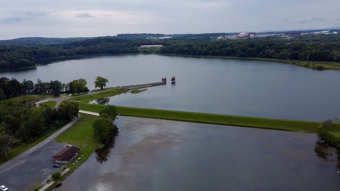 Aerial view of Washington Lake in Newburgh, the reservoir taken offline by PFAS in 2016 and the subject of the Stewart PFAS cleanup